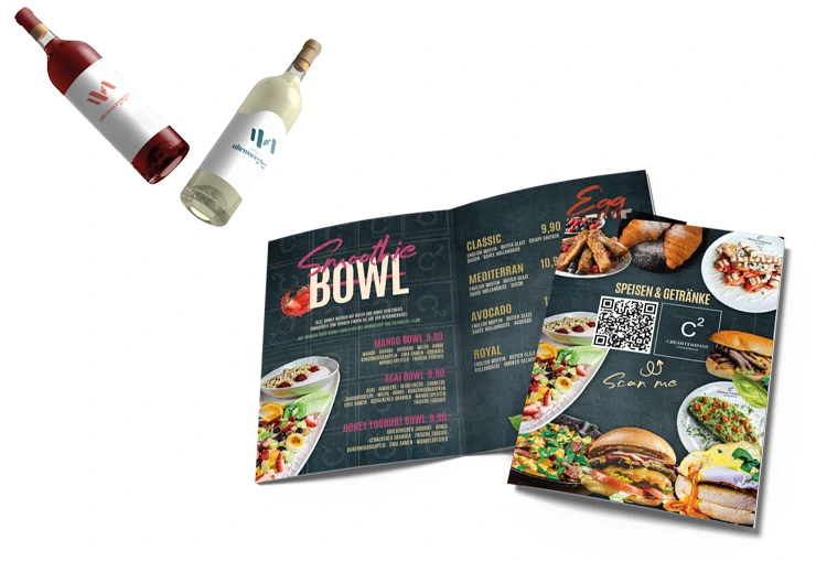 menu and wine bottle Werbeagentur Rheinpiraten in Rheinbreitbach, Bad Honnef und Bonn – Grafikdesign, Webdesign & Werbetechnik